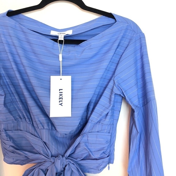 NWT LIKELY FRONT TIE TOP M Blue long sleeve striped top cropped cotton shirt - Picture 4 of 12